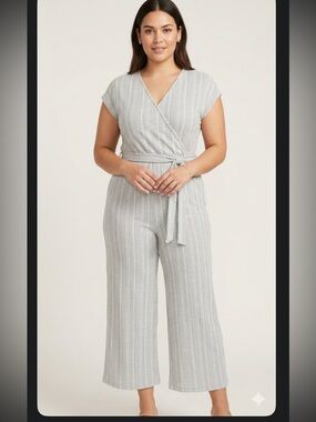 Caution To The Wind Ribbed V-Neck Faux wrap Tie-Waist Jumpsuit Gray stripe Sz L